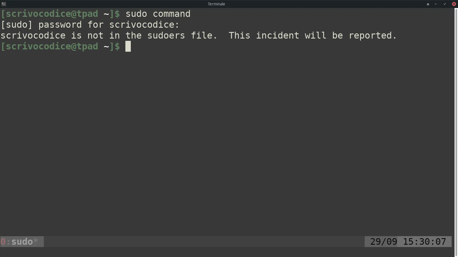 Errore utente senza privilegi sudo