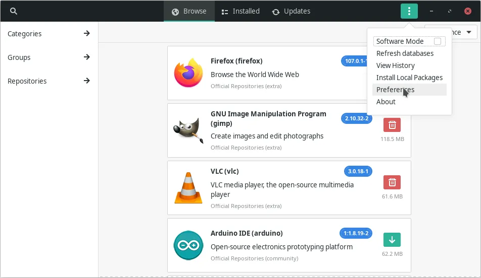 Software Menu Preferenze