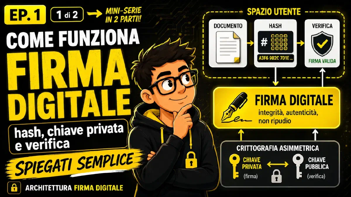 Firma digitale spiegata semplice: hash, chiave privata e verifica