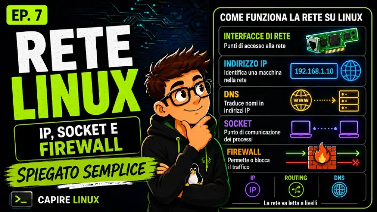 Rete Linux spiegata semplice: interfacce, IP, socket e firewall