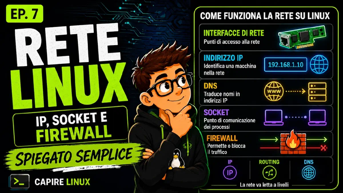 Rete Linux spiegata semplice: interfacce, IP, socket e firewall