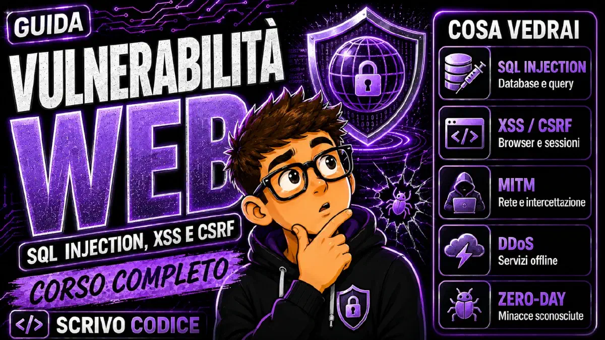 Vulnerabilità web: SQL Injection, XSS, CSRF, DDoS, MITM e zero-day spiegati semplice