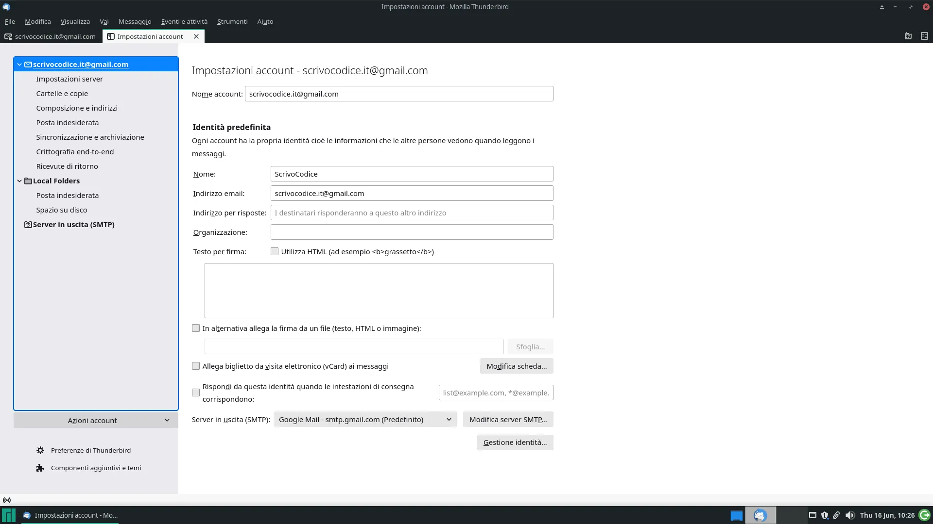 Thunderbird: Impostazioni Account