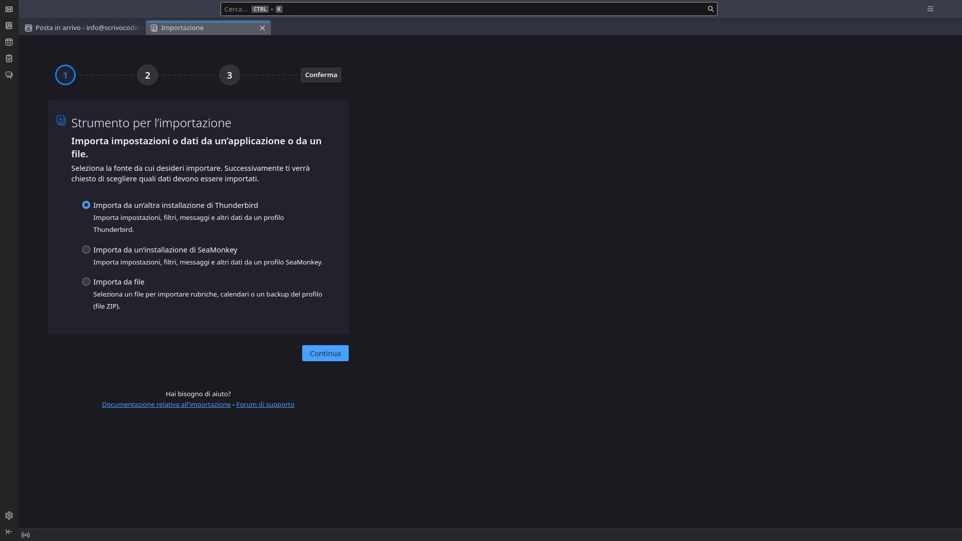 Thunderbird: finestra di importazione delle configurazioni