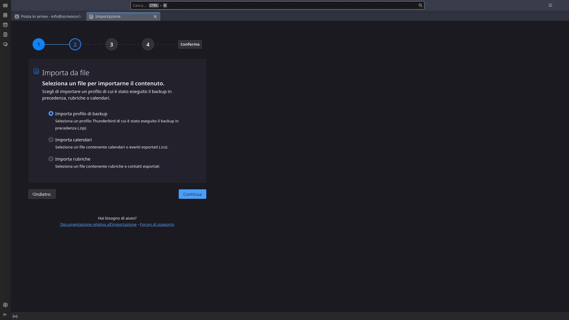 Thunderbird: selezione del contenuto da importare
